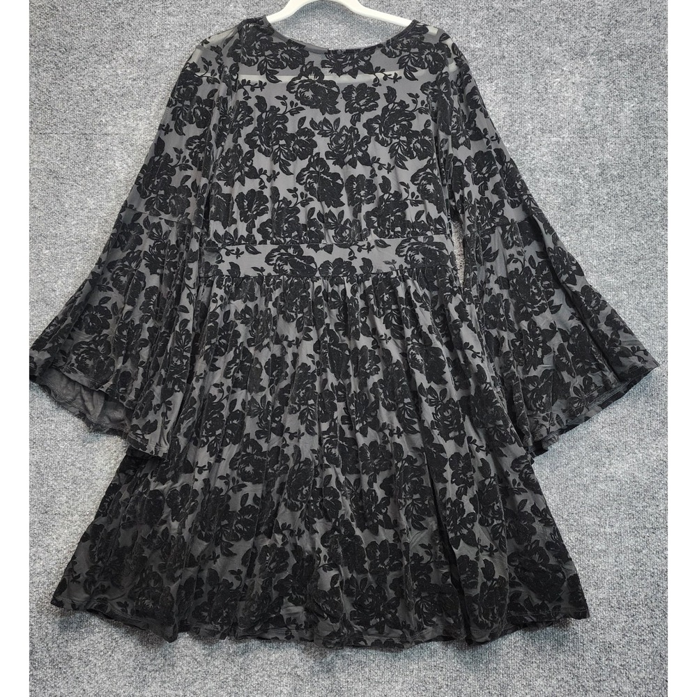 Torrid Women Black Velvet Floral Mesh Gothic Bell Sleeve Romantic Mini Dress 0 - Picture 13 of 13